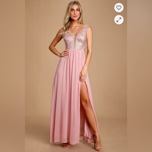 NWT Lulu's Pink Embellished Maxi Gown with Plunge Neckline. Size S